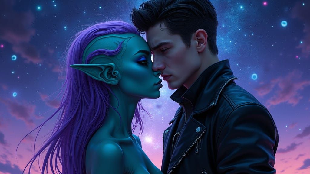 Surreal Encounter Between Human and Alien in Cosmic Night