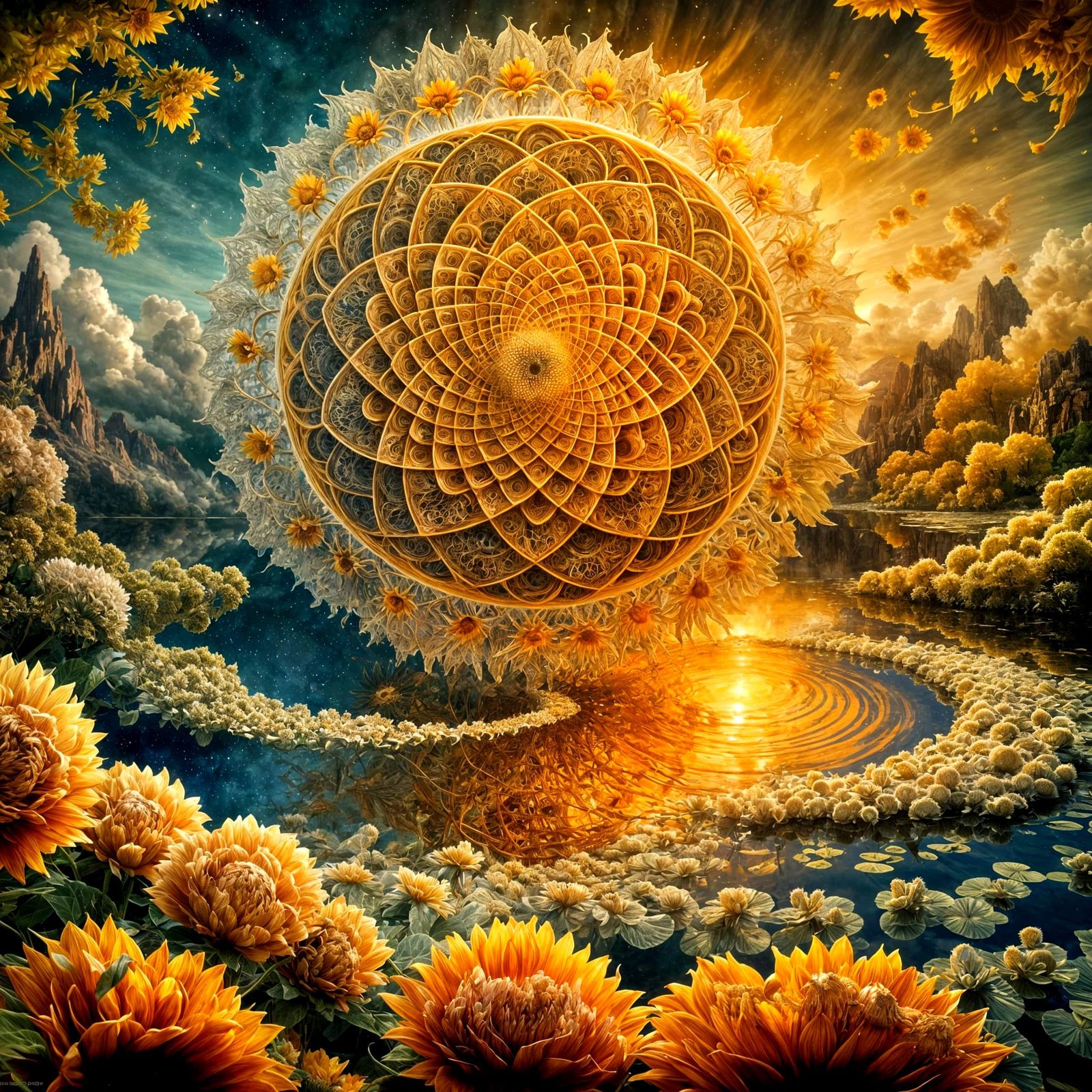 Ethereal Fibonacci Sunflower Mandala in Surrealist Style
