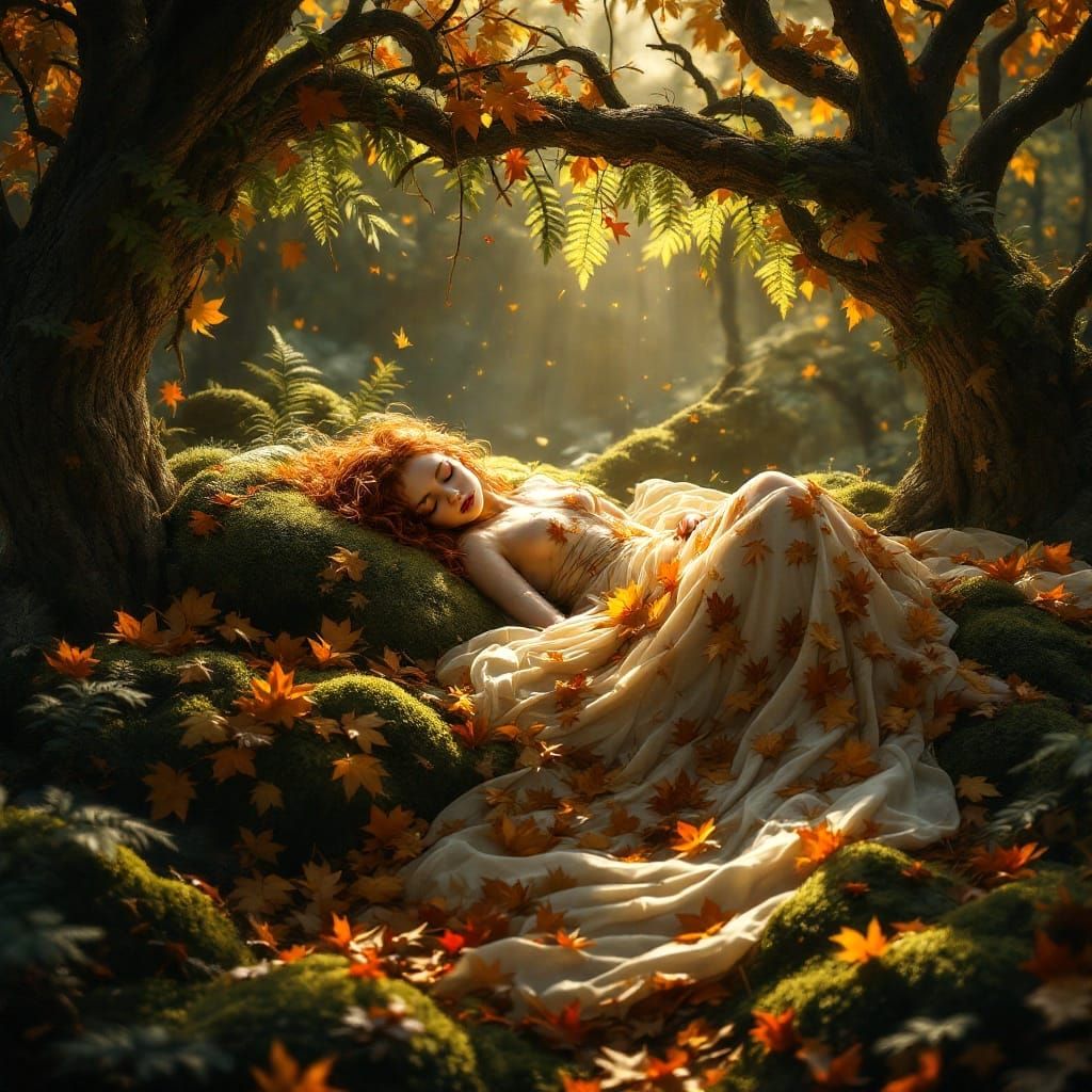 Sleeping Dryad in Enchanted Autumn Forest