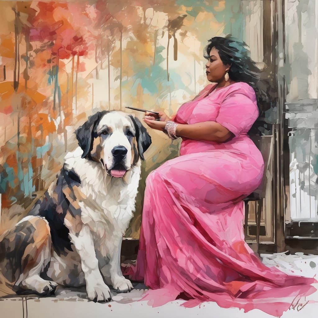 Fashion Sketch of Woman with Saint Bernard in Pink Dress