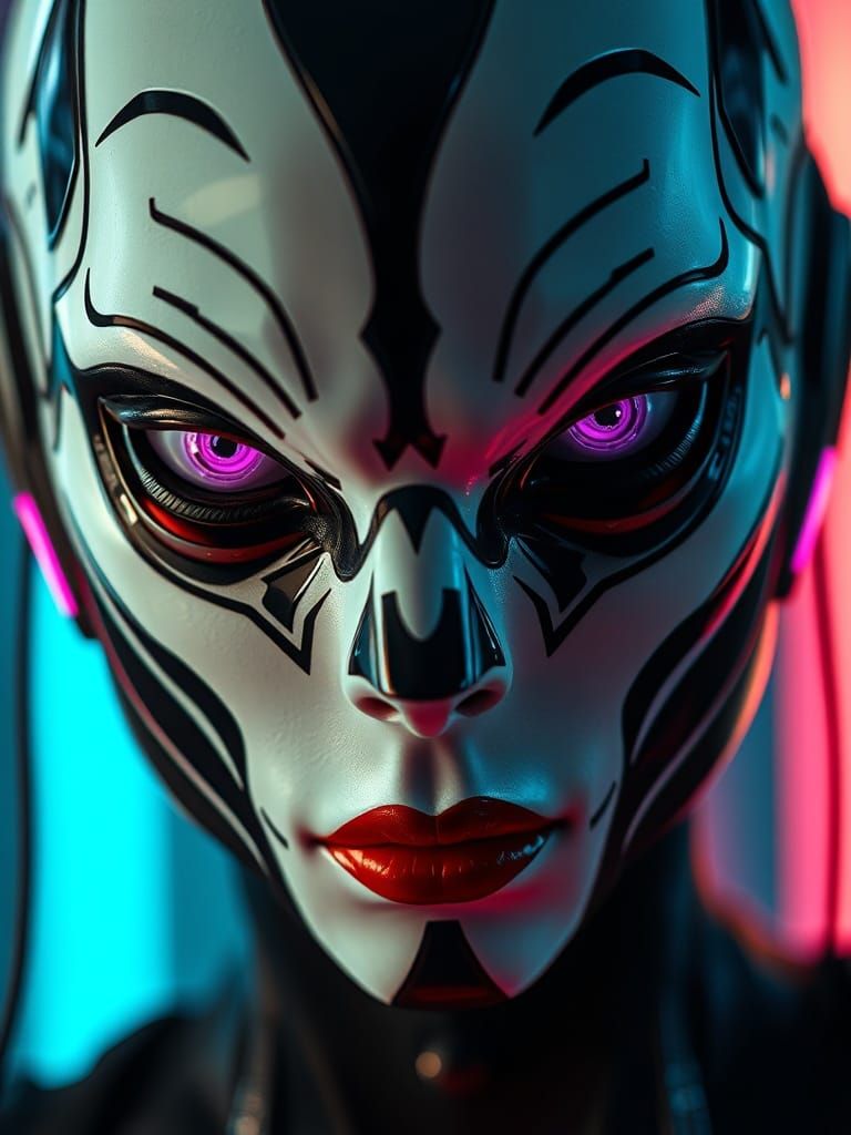 Cyberpunk Creature Portrait with Purple Eyes and Geometric P...