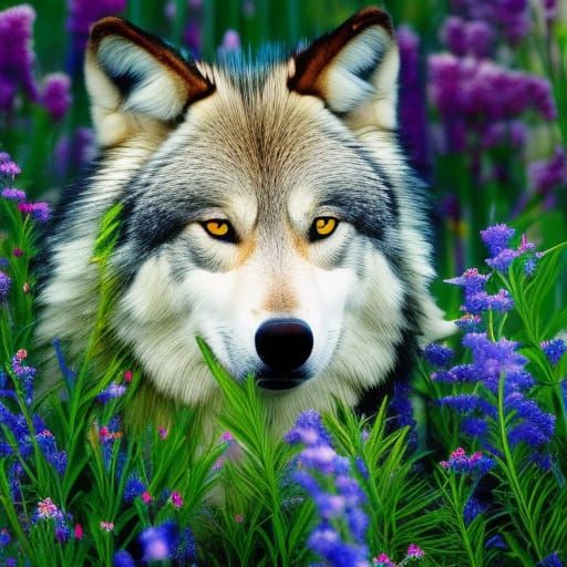 Timber wolf in field of flowers.