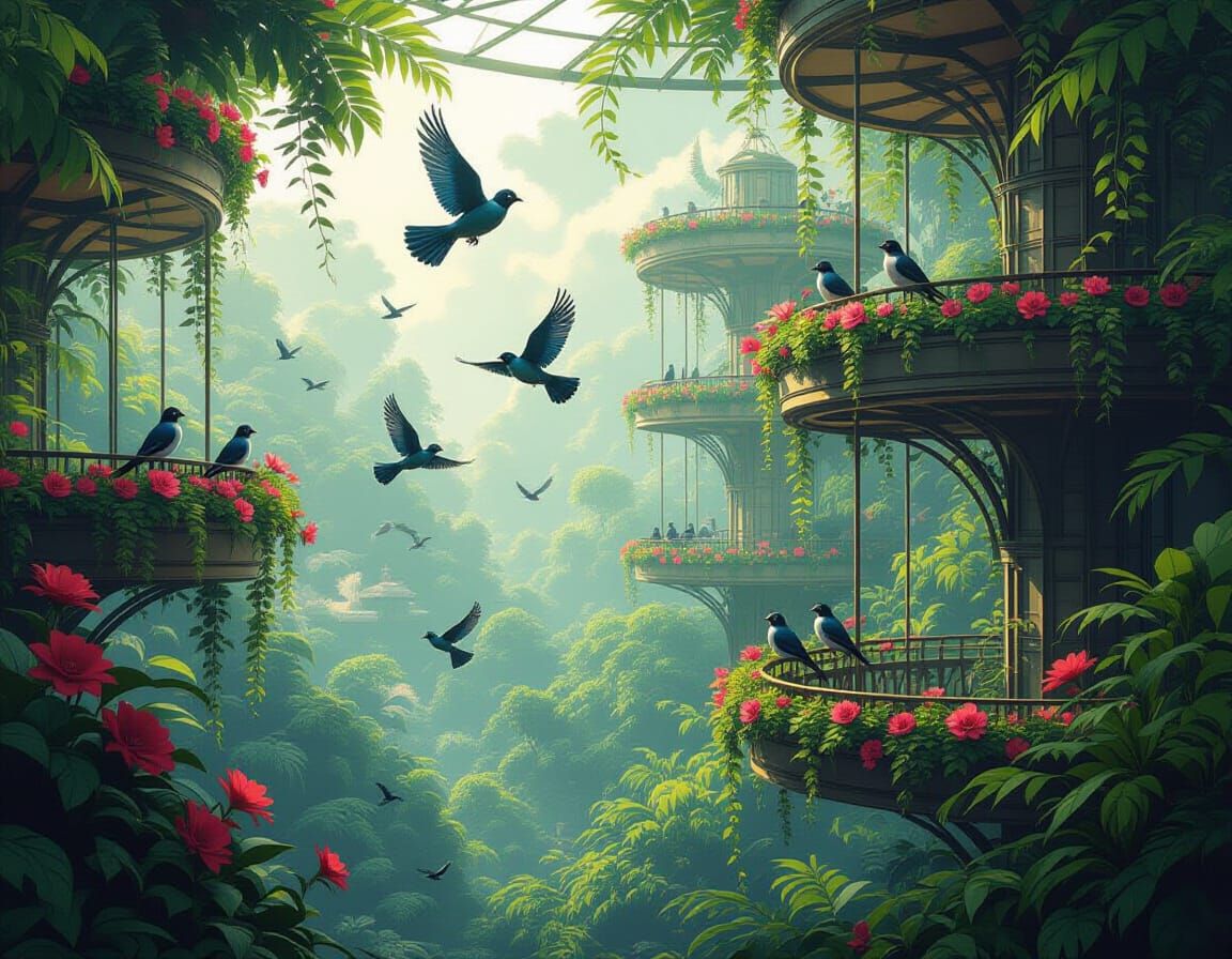 Vibrant Aviary with Revolving Greenery in Dreamlike Style