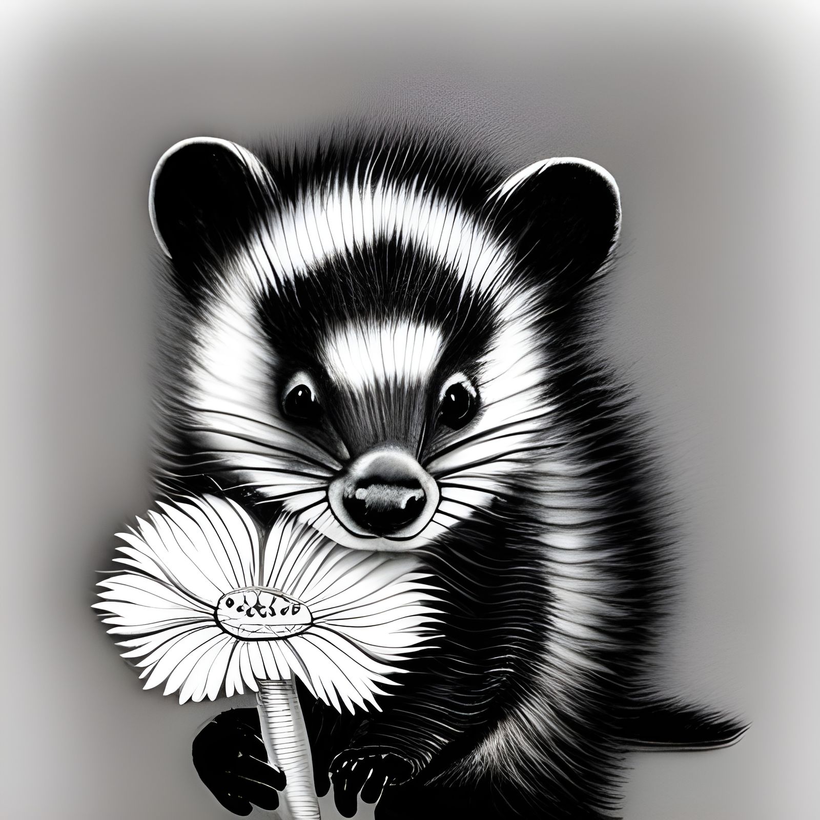 Baby Skunk with Flower: Monochrome Watercolor Splash