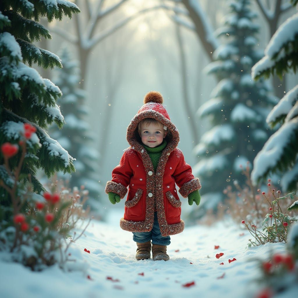 A Whimsical Winter Wonderland Scene with a Small Child in a....