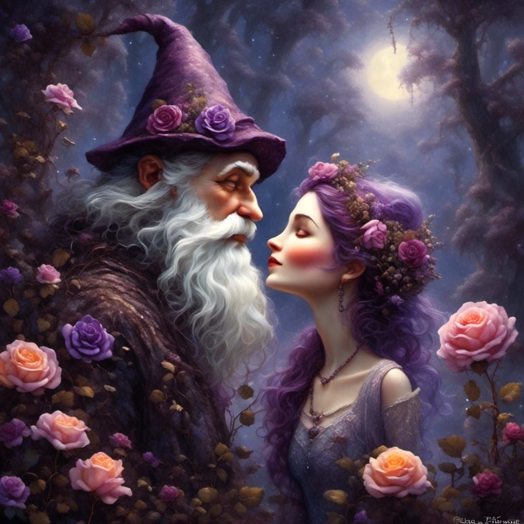 Whimsical Gnome Couple Under Purple Rose in Fantasy Forest