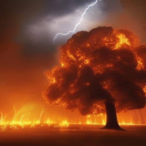 Lightning Strikes Burning Tree: Epic Digital Painting