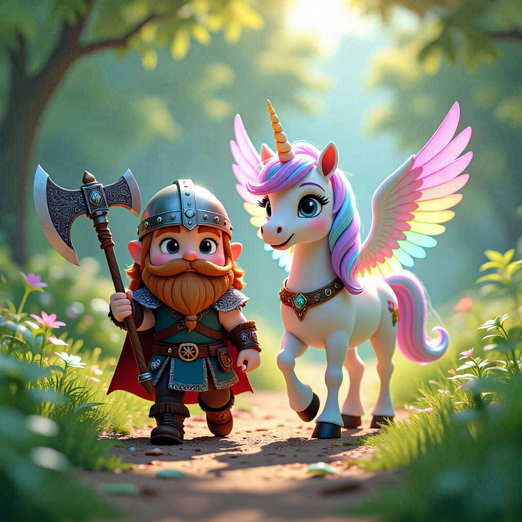 Viking, Unicorn in Iridescent Garden: 3D Digital Art