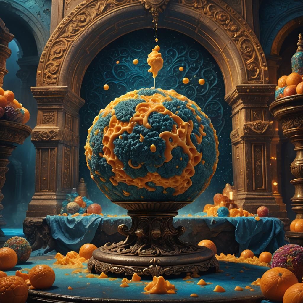 Giant Moldy Cheese Ball on Pedestal: Fantasy Art