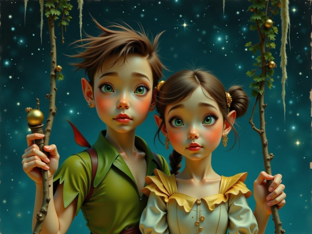 Peter Pan and Wendy on a Swing at Night