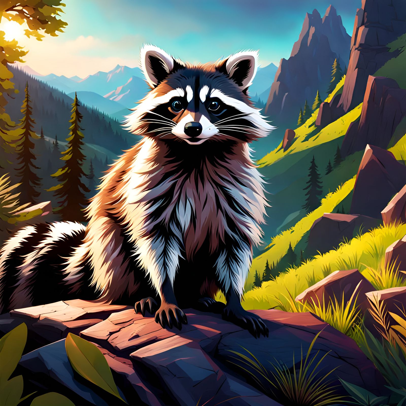 Realistic Raccoon Portrait in Mountain Landscape