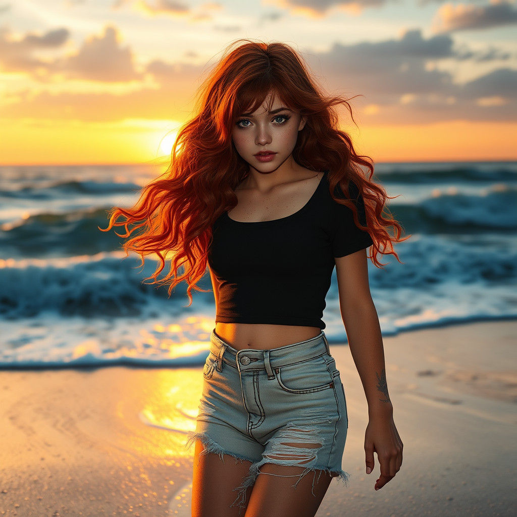 Redhead Beauty on Sunset Beach in Matte Painting Style