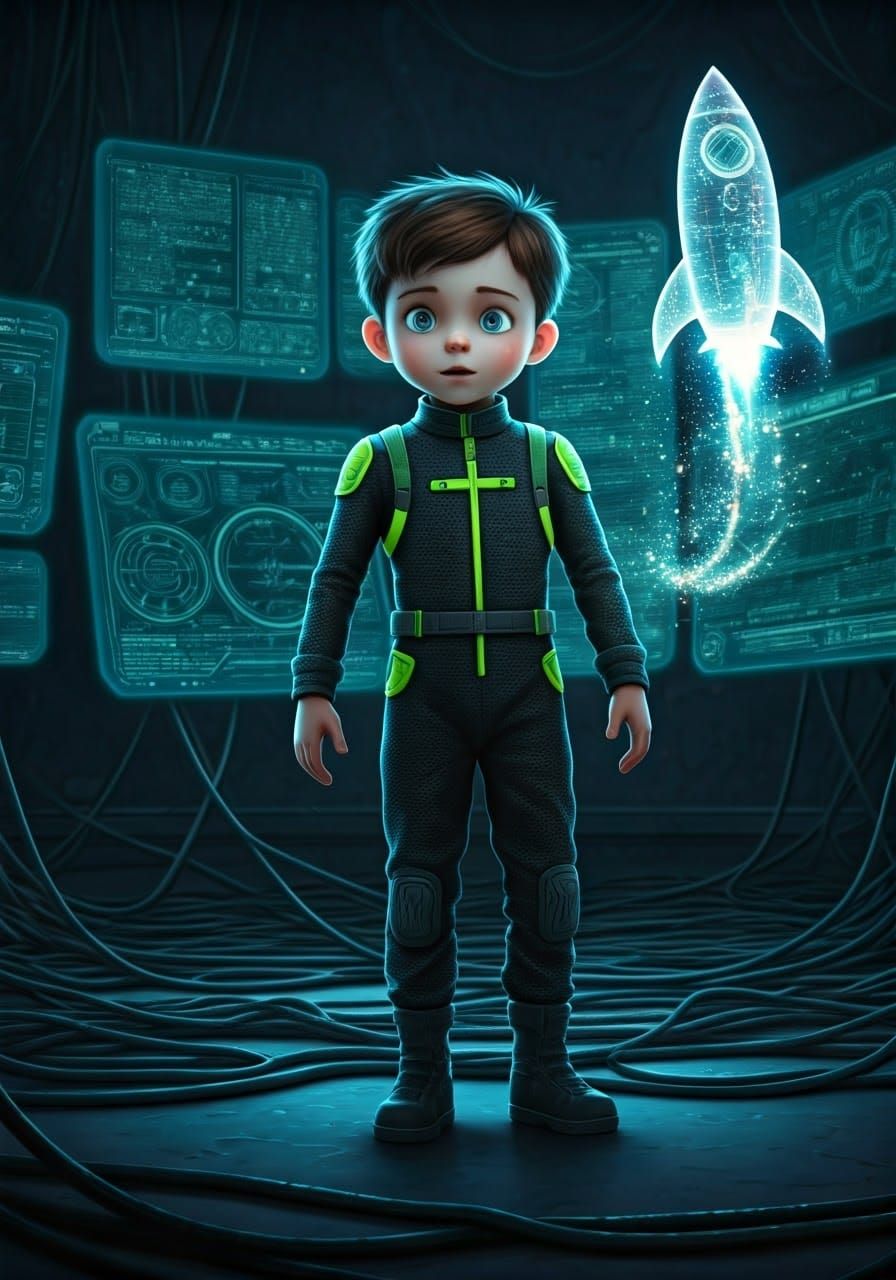 Boy and Hologram Spaceship in Futuristic Room