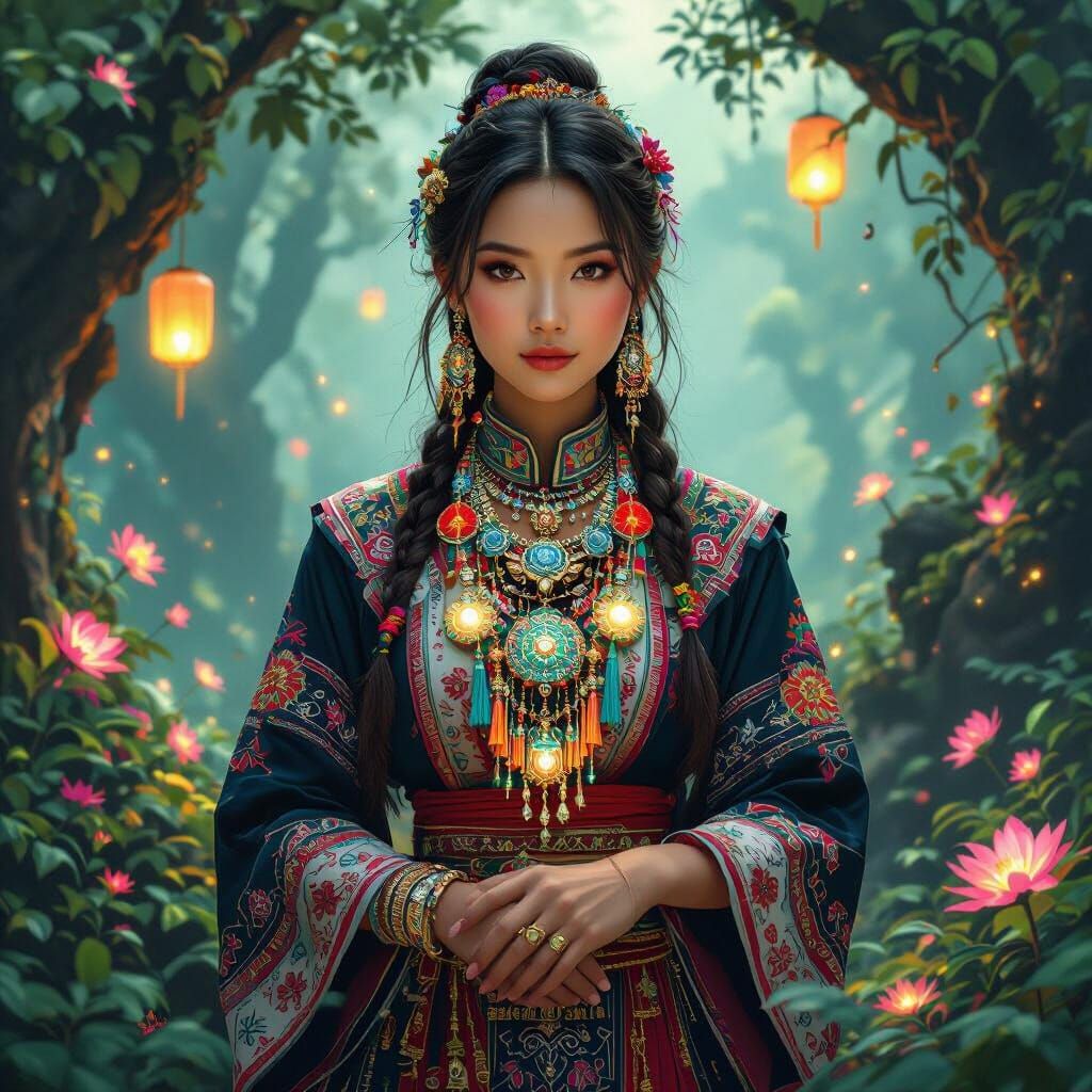 Hmong Woman Protecting Glowing Forest in Digital Art Style