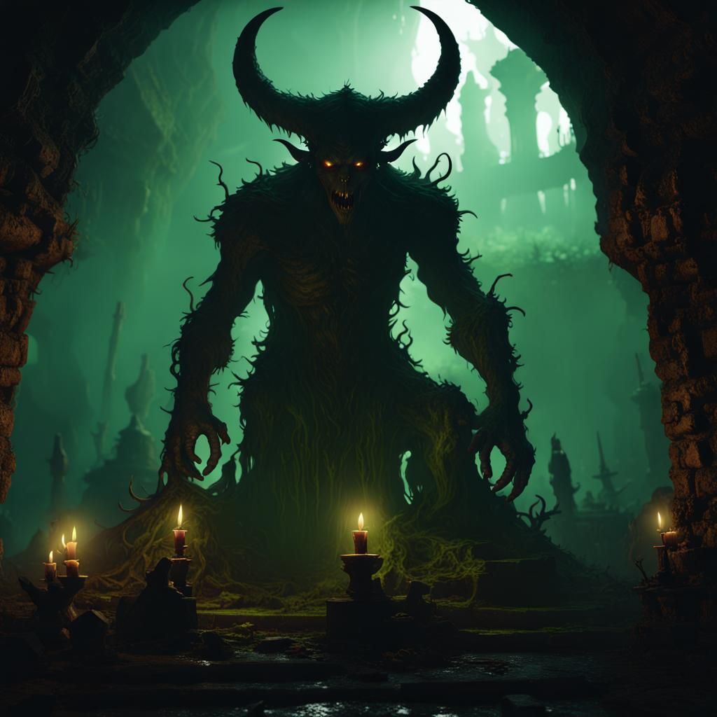 Terrifying Demon in Dark Catacombs with Green Candlelight