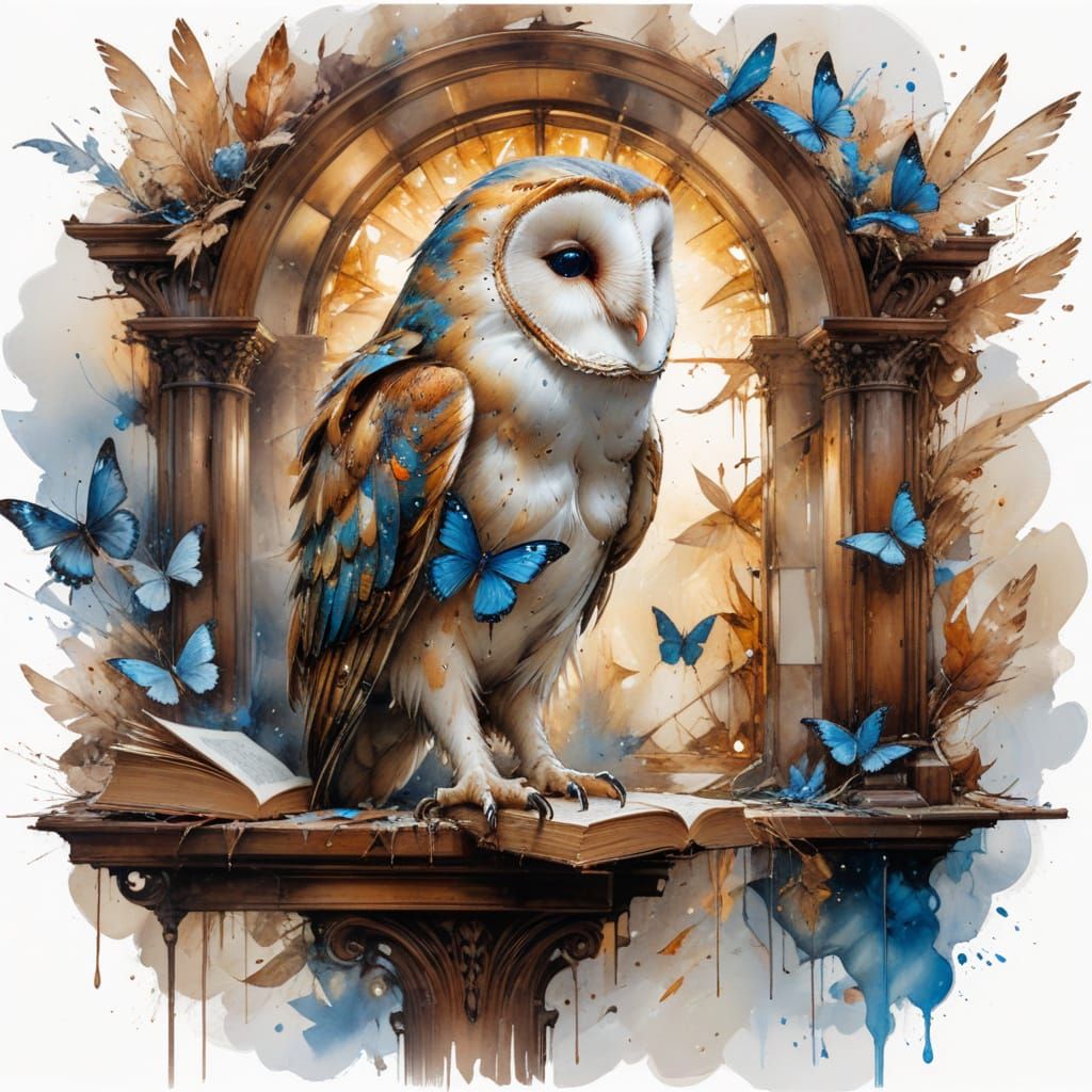 Owl Librarian in Grand Library: Watercolour Art