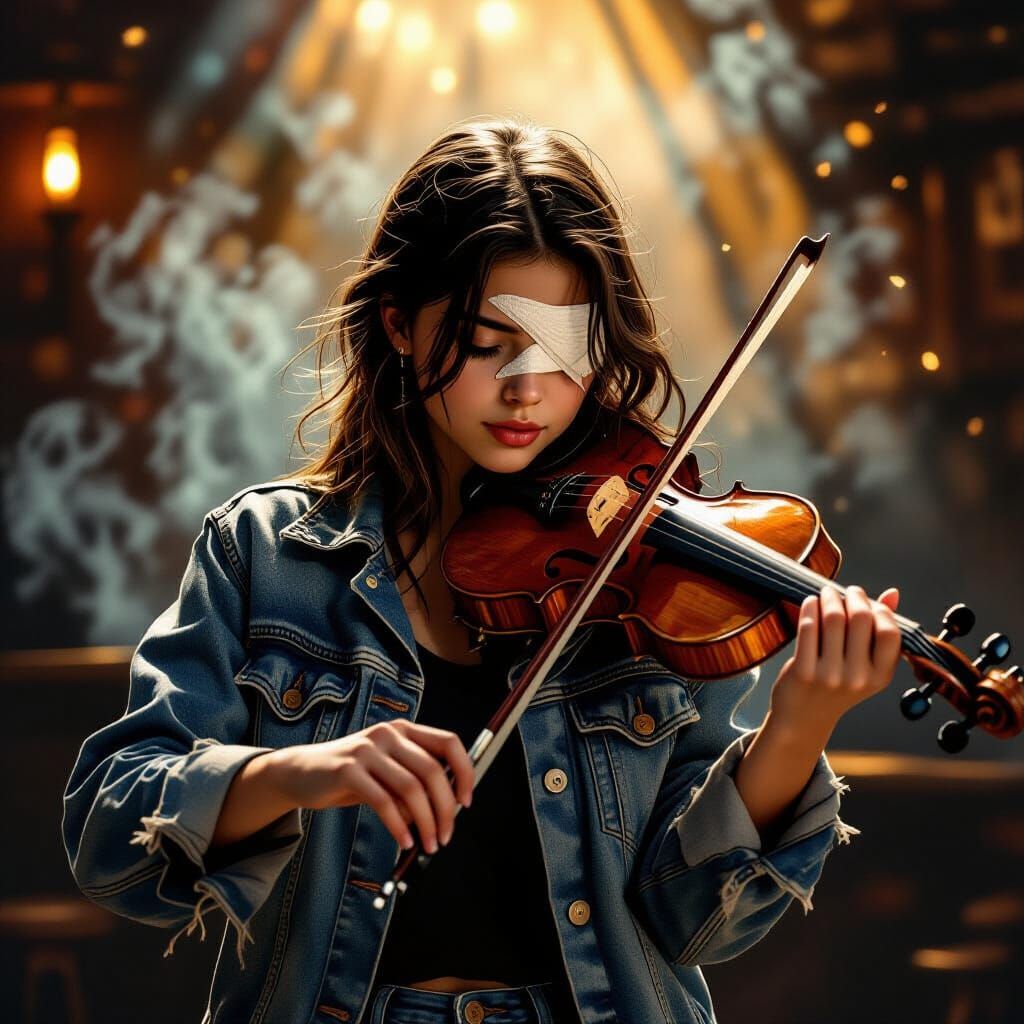 Teen Violinist with Bandaged Eye Plays in Smoky Bar