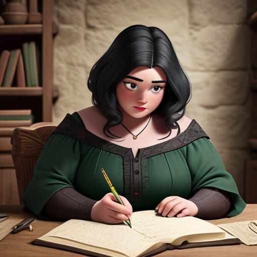 Medieval Woman Writes in Leather Bound Diary