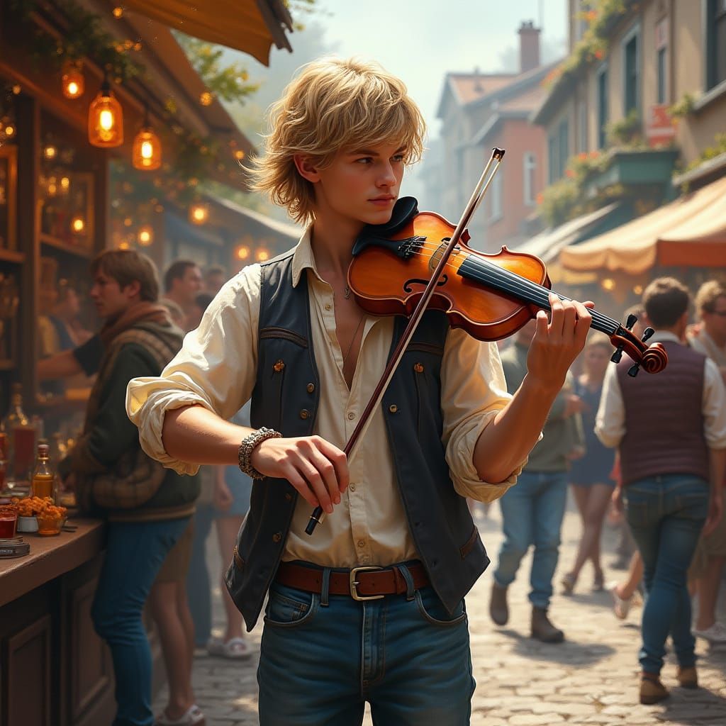 Man Playing Violin in Irish Market, Hyperrealistic Style