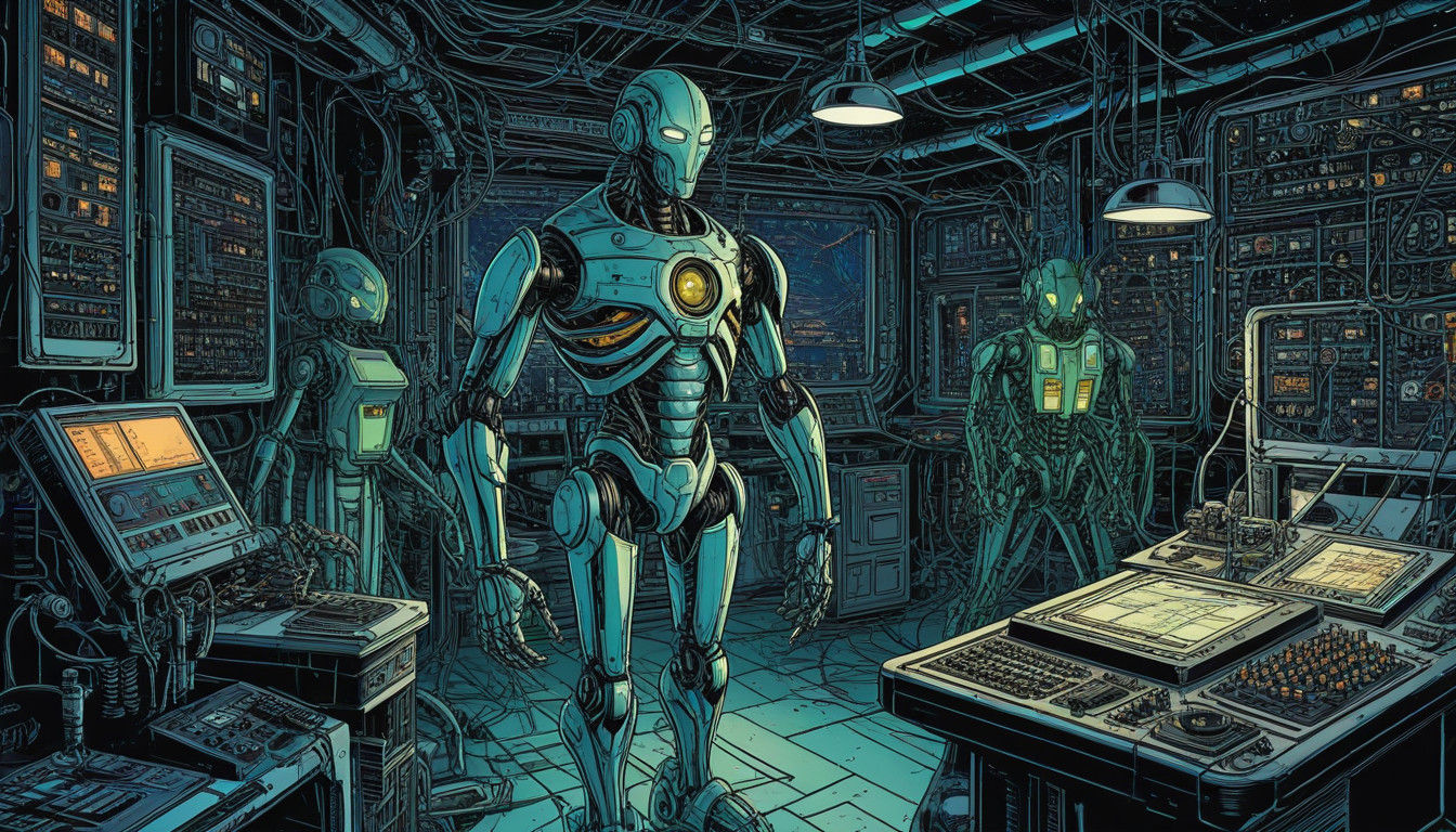 Retro Comic Book Style Insectoid Robots Hack Spaceship Syste...