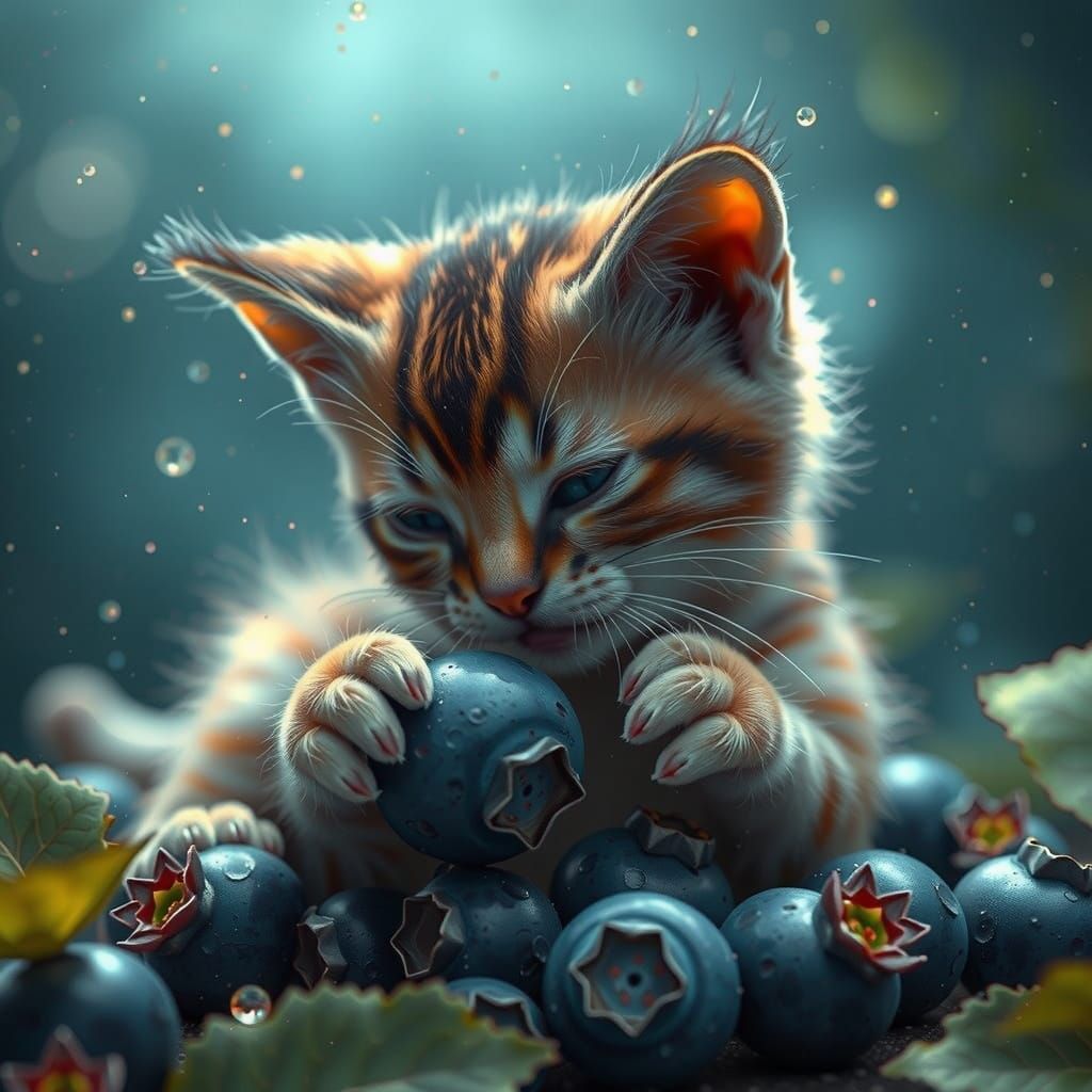 Adorable Miniature Cat Plays with a Luscious Blueberry