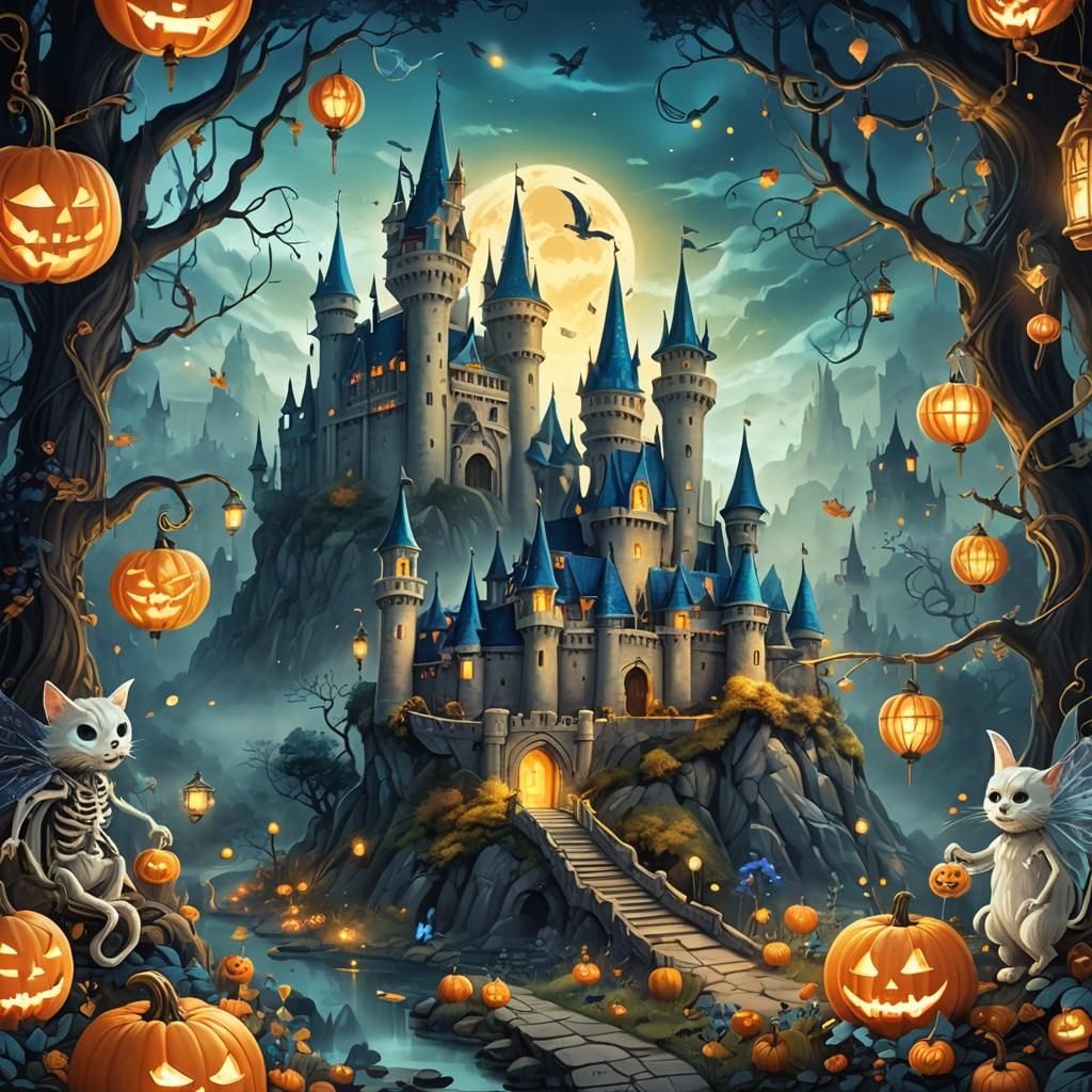 Eerie Fairy Kingdom with Ghost Cats: Fantasy Art