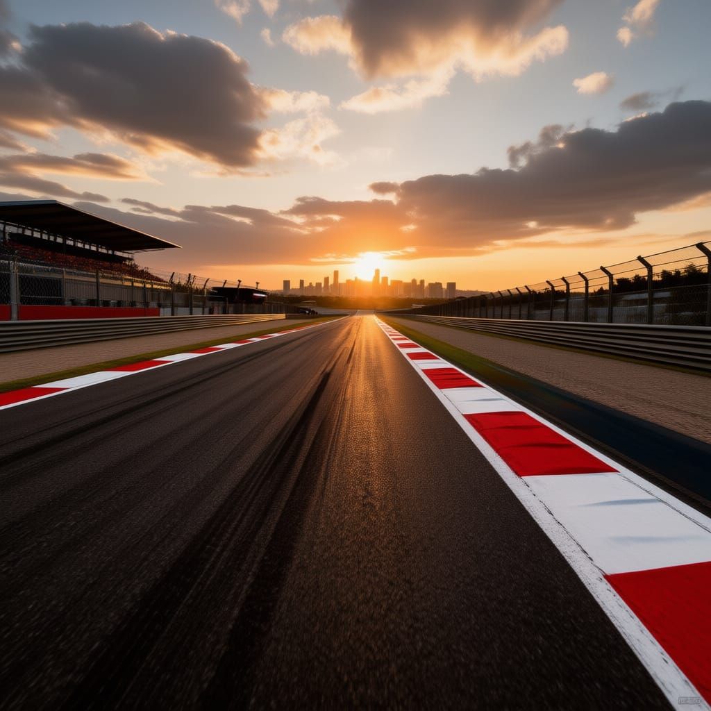 Immersive F1 Race Track Poster Design at Sunset