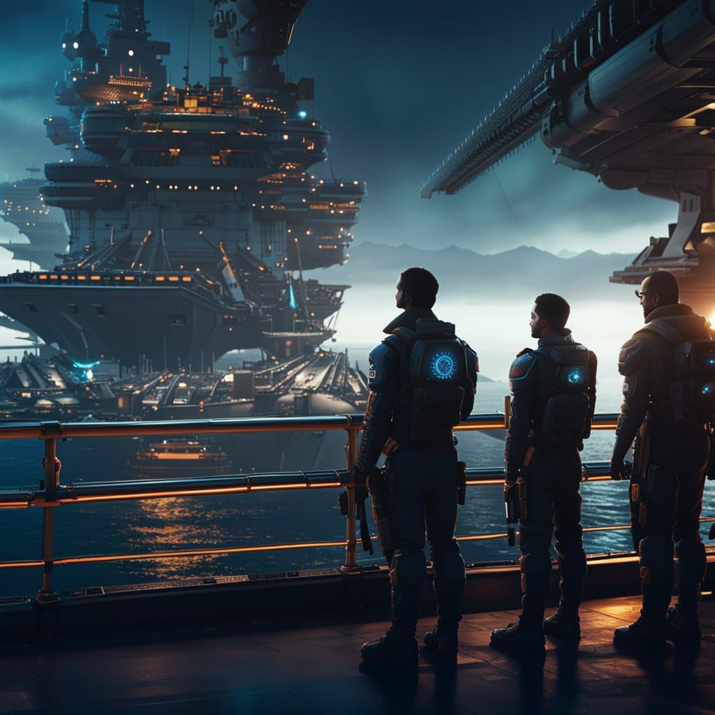Cyberpunk Warriors on Aircraft Carrier in Neon City