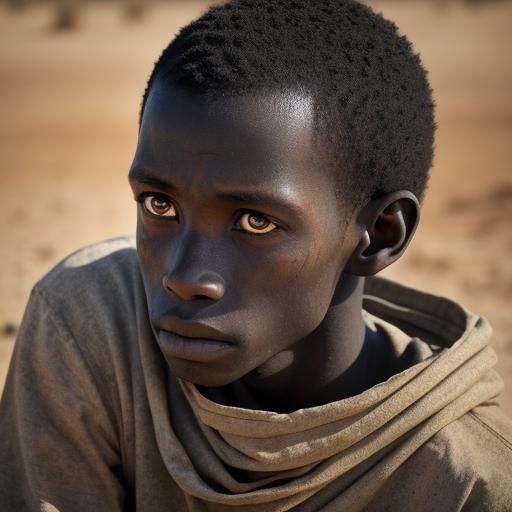 Malnourished Boy in Barren Landscape: Watercolor Sketch