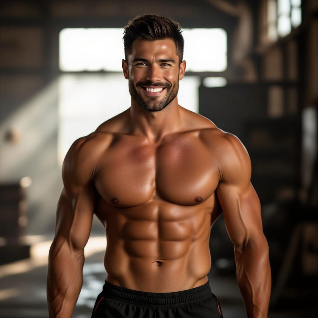 Muscular Man Smiling in Cinematic Film Still