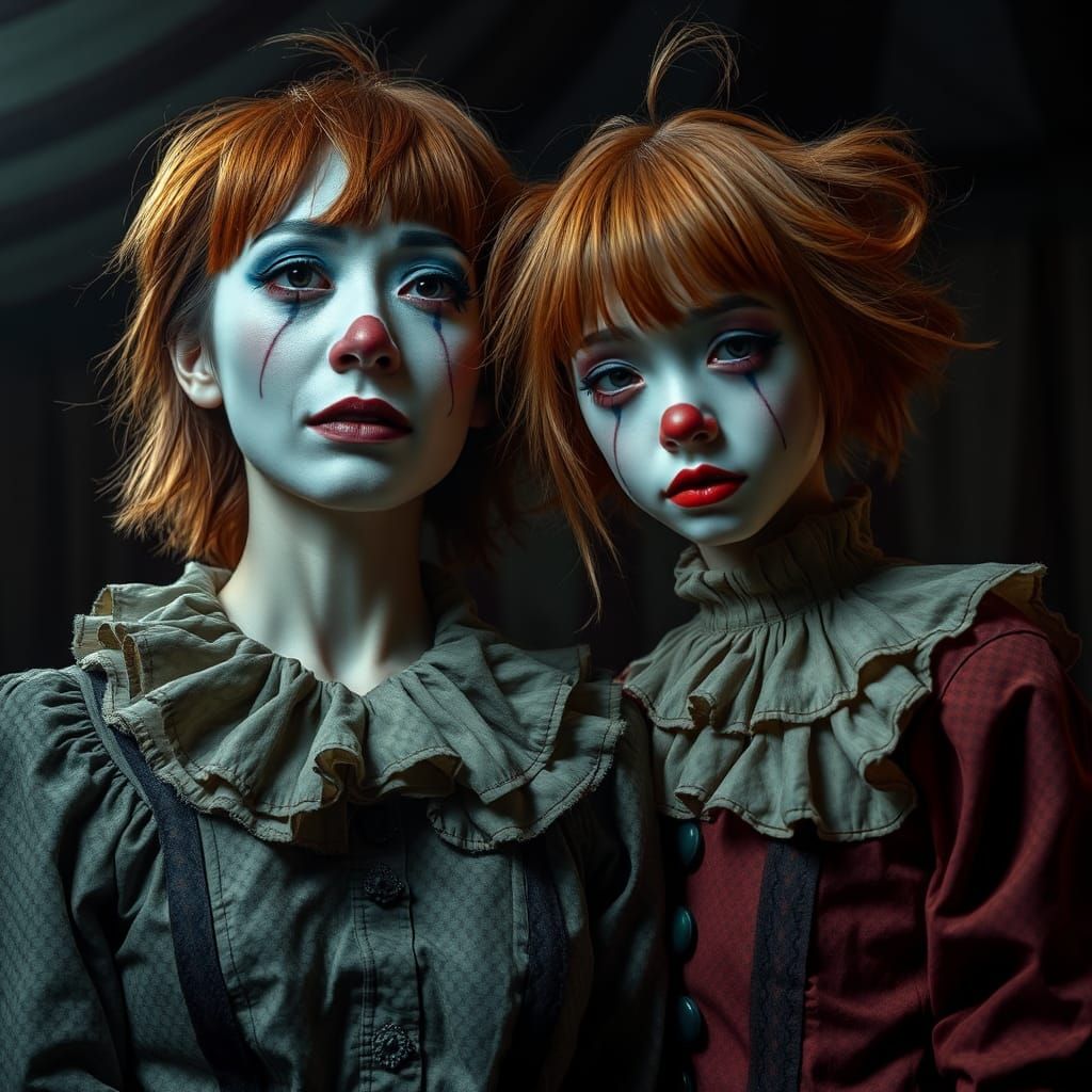 Melancholic Clowns in Dimly Lit Circus Tent