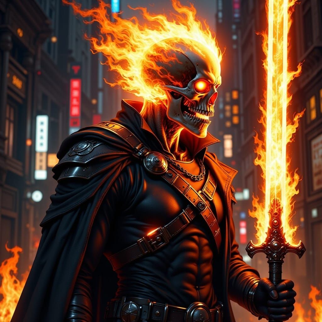 Soldier with Flaming Skull and Bioluminescent Sword