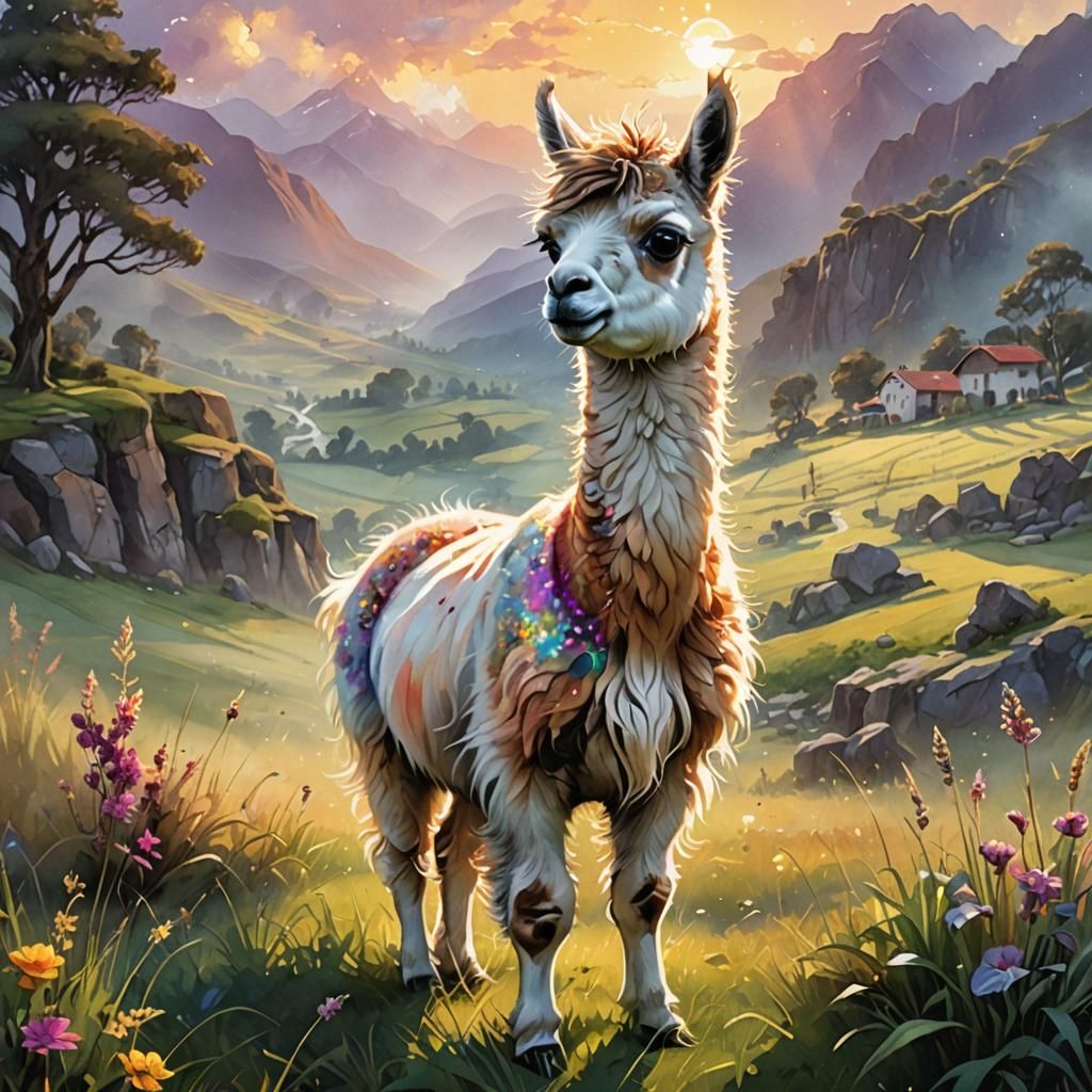 Chibi Llama in Peru: Ethereal Digital Watercolor