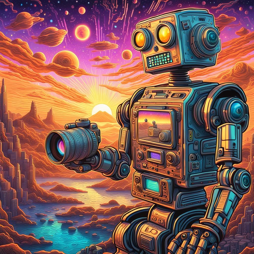 Robot Photographer in Cosmic Astral Art Style