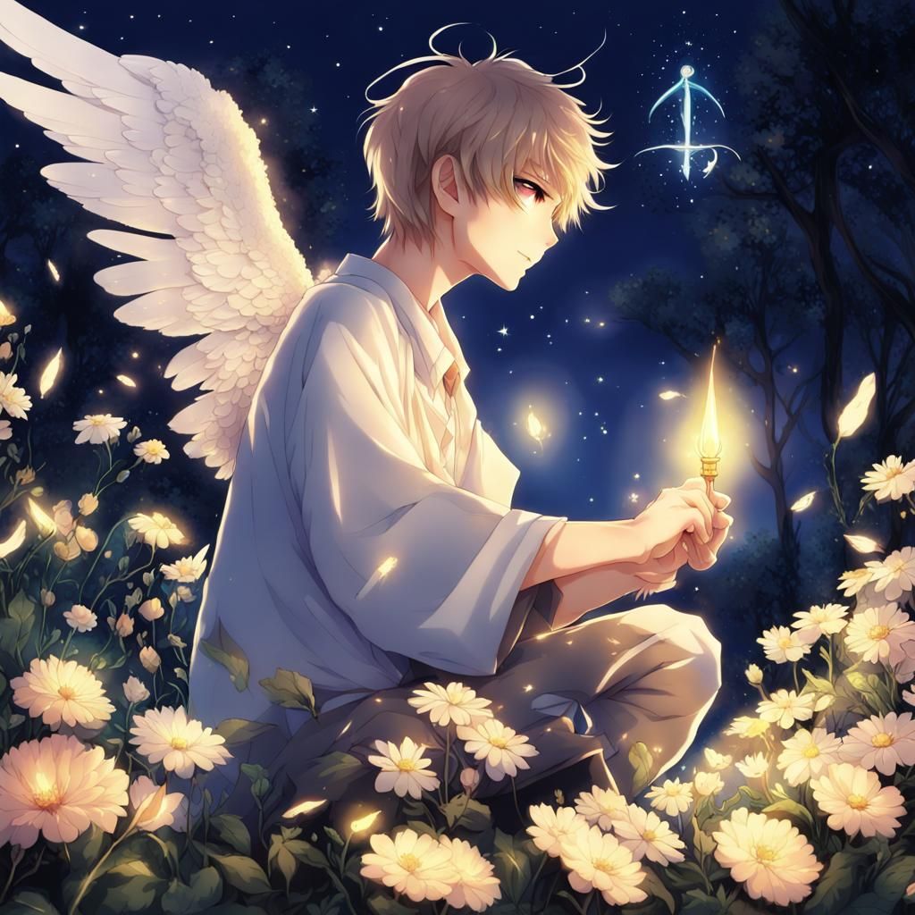 Anime Angel Boy in Magical Night Garden