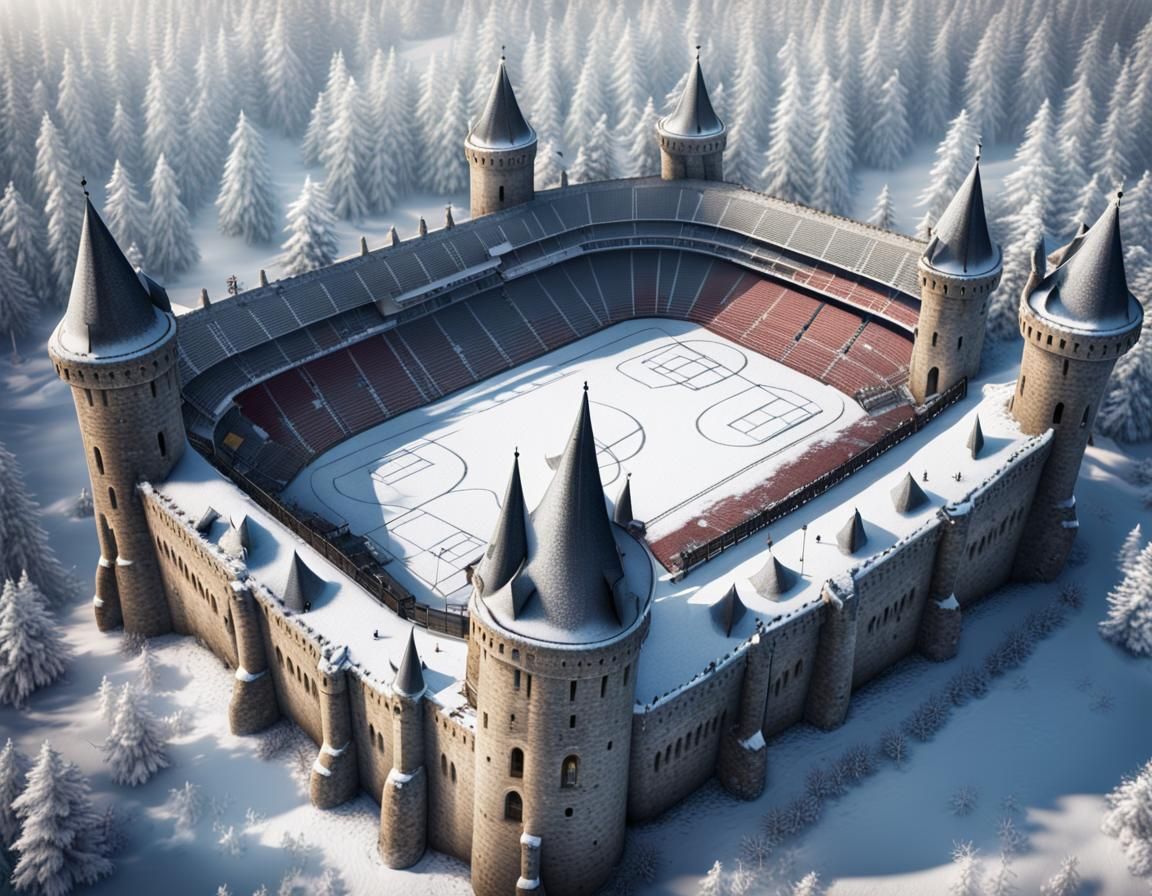 Medieval Stadium Beside Snowy Castle: Aerial Digital Paintin...