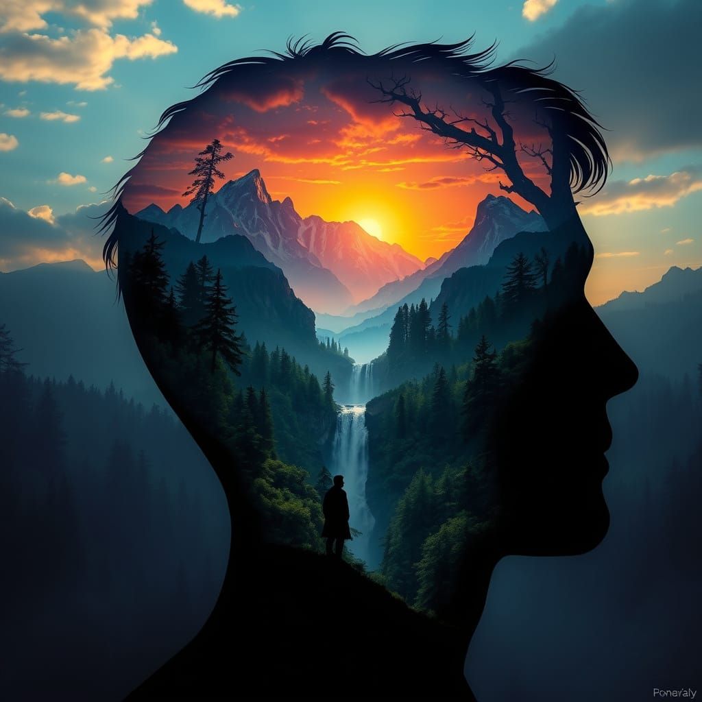 A cinematic, highly detailed 8k photo of a human silhouette with a stunning landscape within their head. The landscape i...