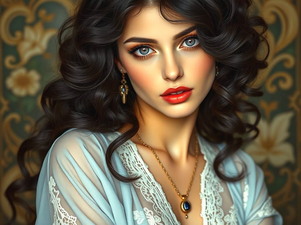 Art Nouveau Woman in Chiffon and Lace