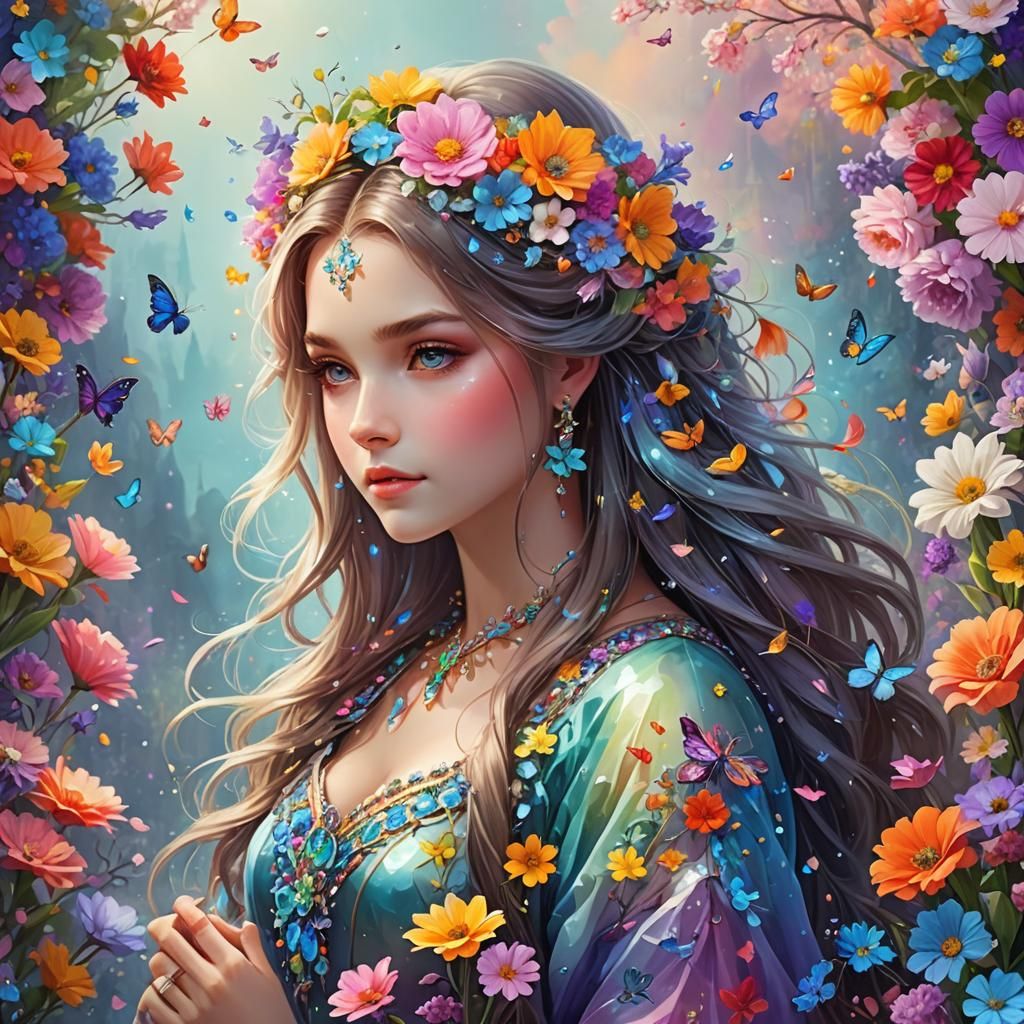Enchanting Fairy Girl with Colorful Hair and Flowers