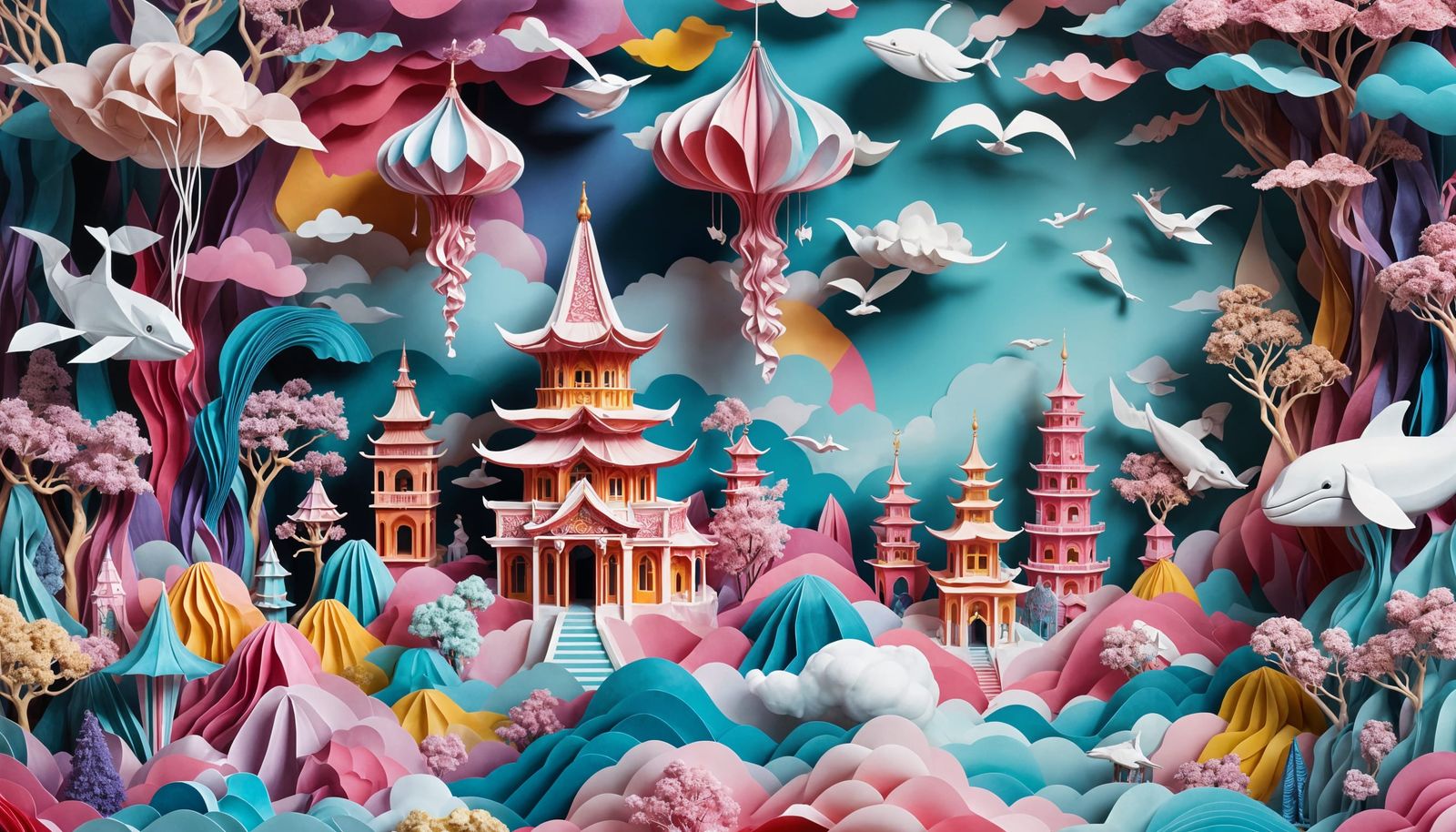 Elaborate Paper Cut Dreamscape with Flying Whales
