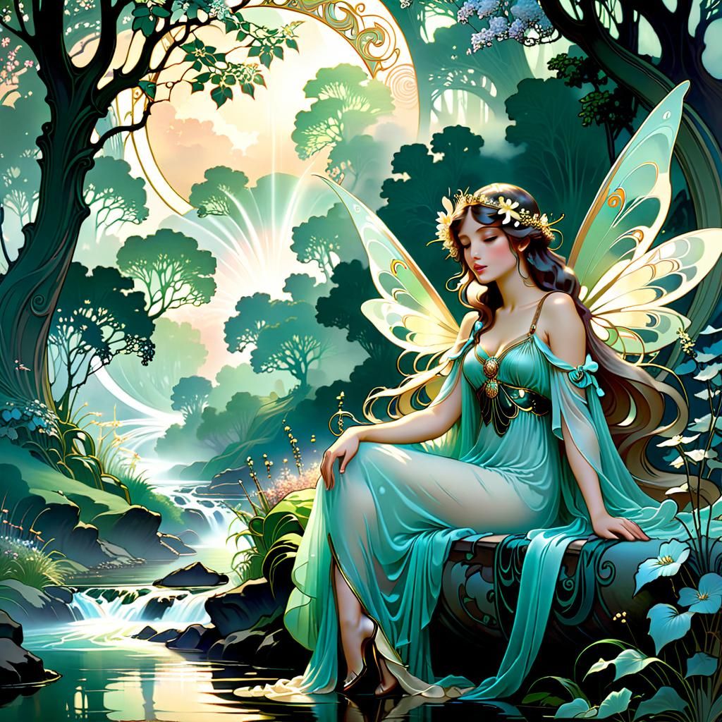 Fairies Resting in Art Nouveau Style
