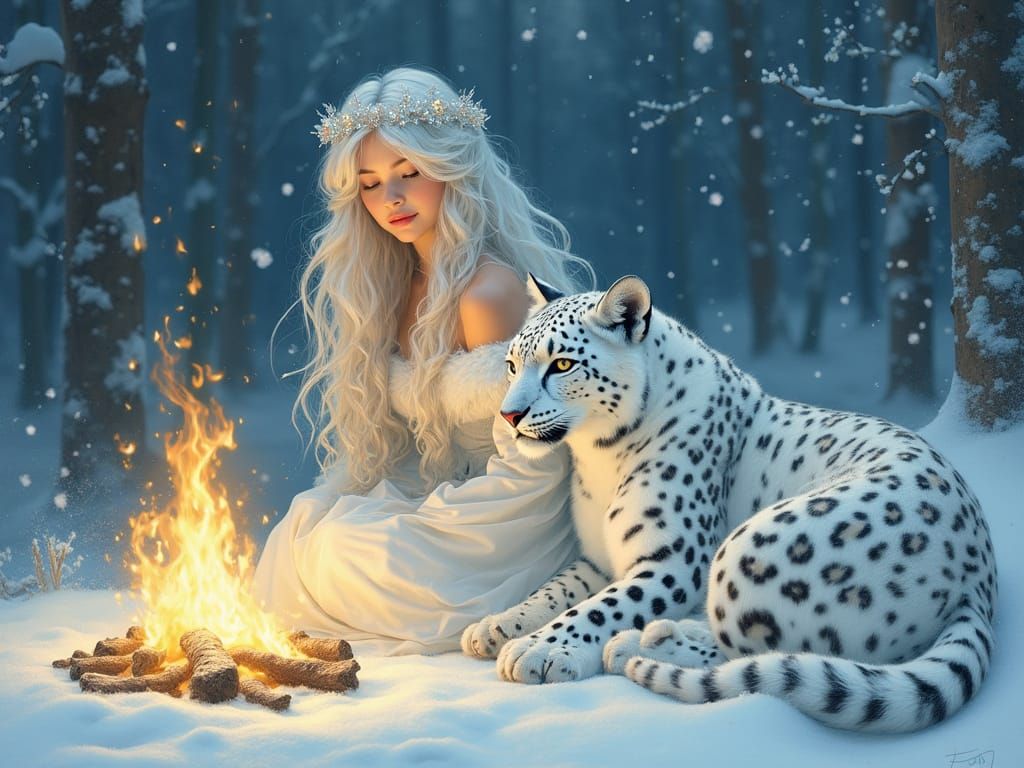 Snow Maiden with Leopard in Winter Wonderland