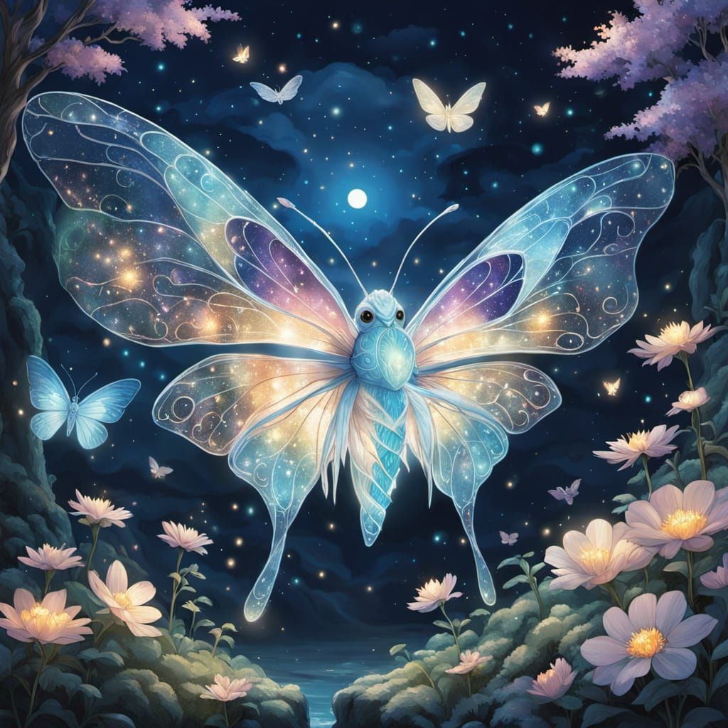 Luminous Stained Glass Moth in Enchanted Garden