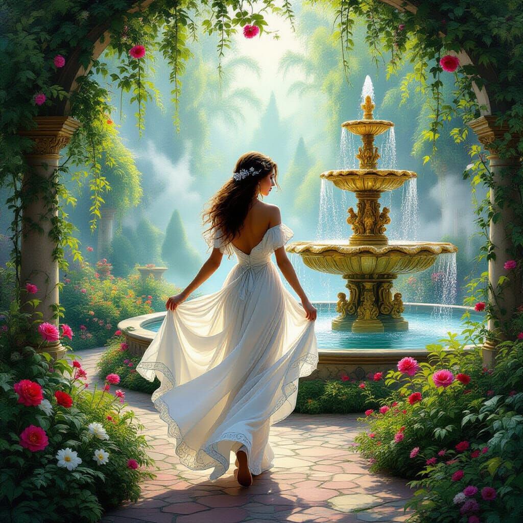 Mystical Garden with Golden Fountain in Kinkade Style