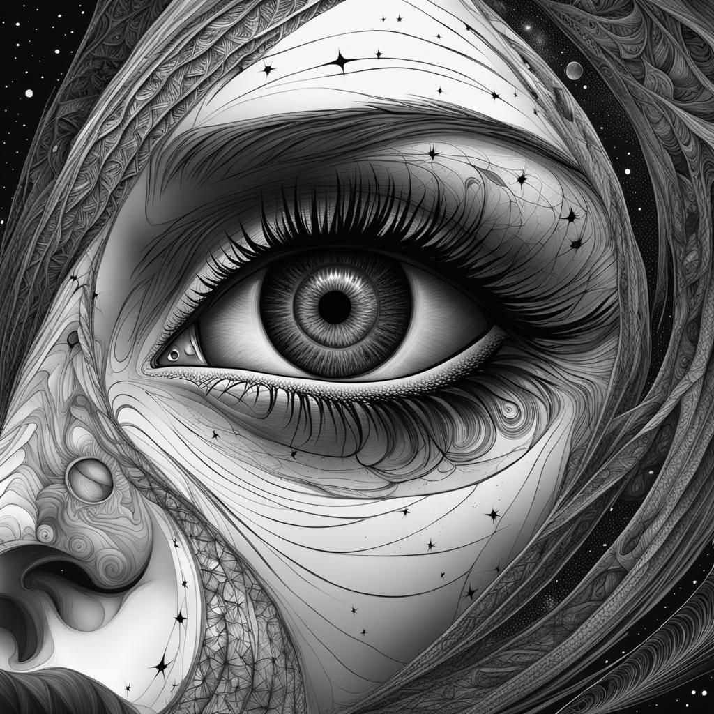 Sad Woman's Eye in Space: Charcoal Drawing