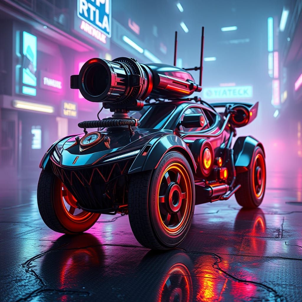 Cyberpunk CAR ROBOT in Neon-Lit, Sci-Fi Landscape