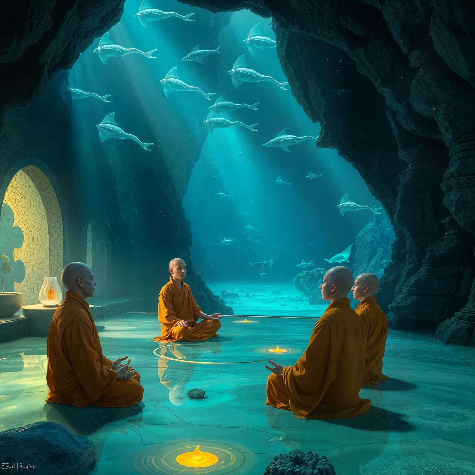 Tranquil Underwater Temple with Meditating Monks