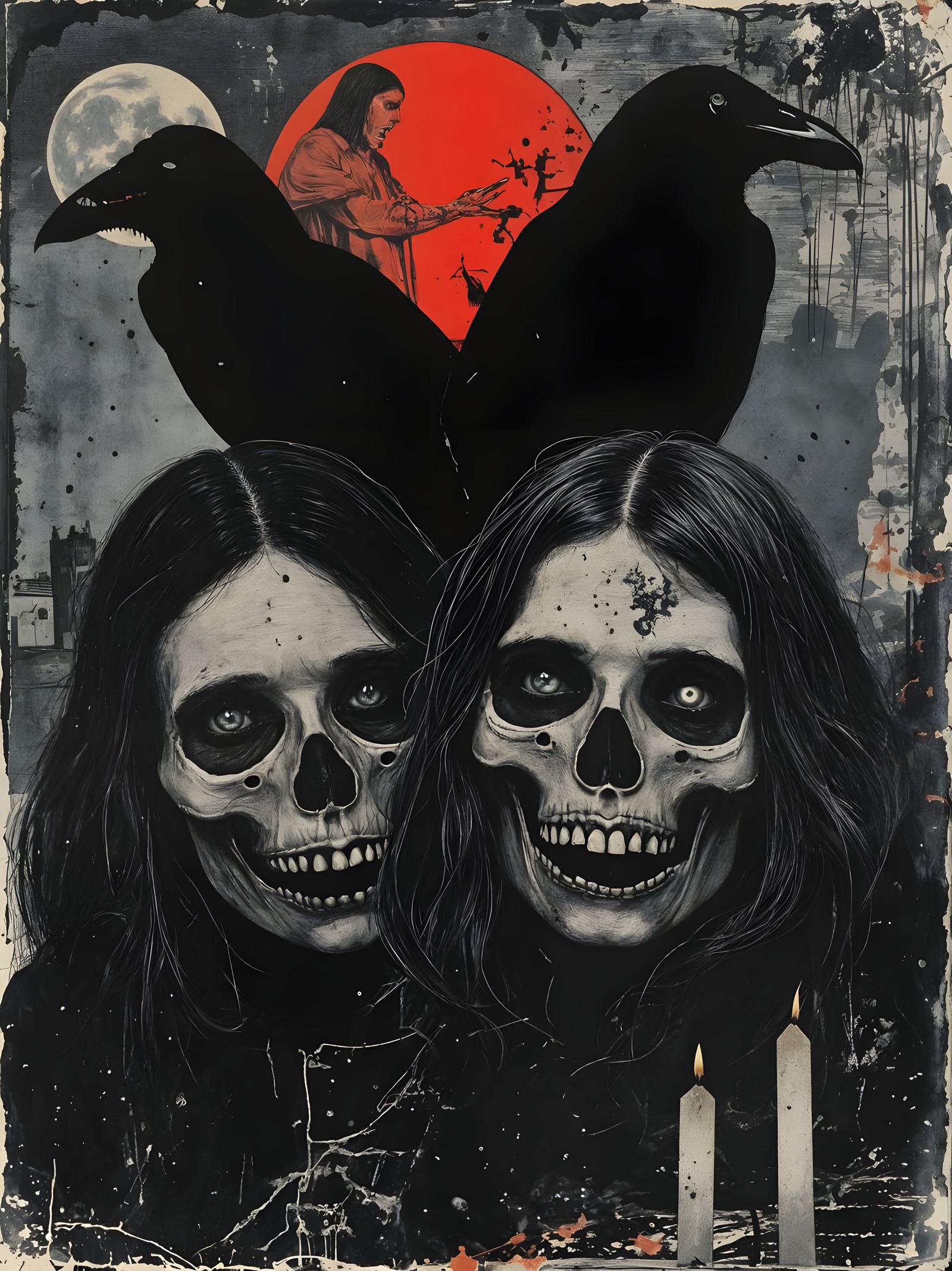 Macabre Goth Twins Portrait with Ravens and Skulls