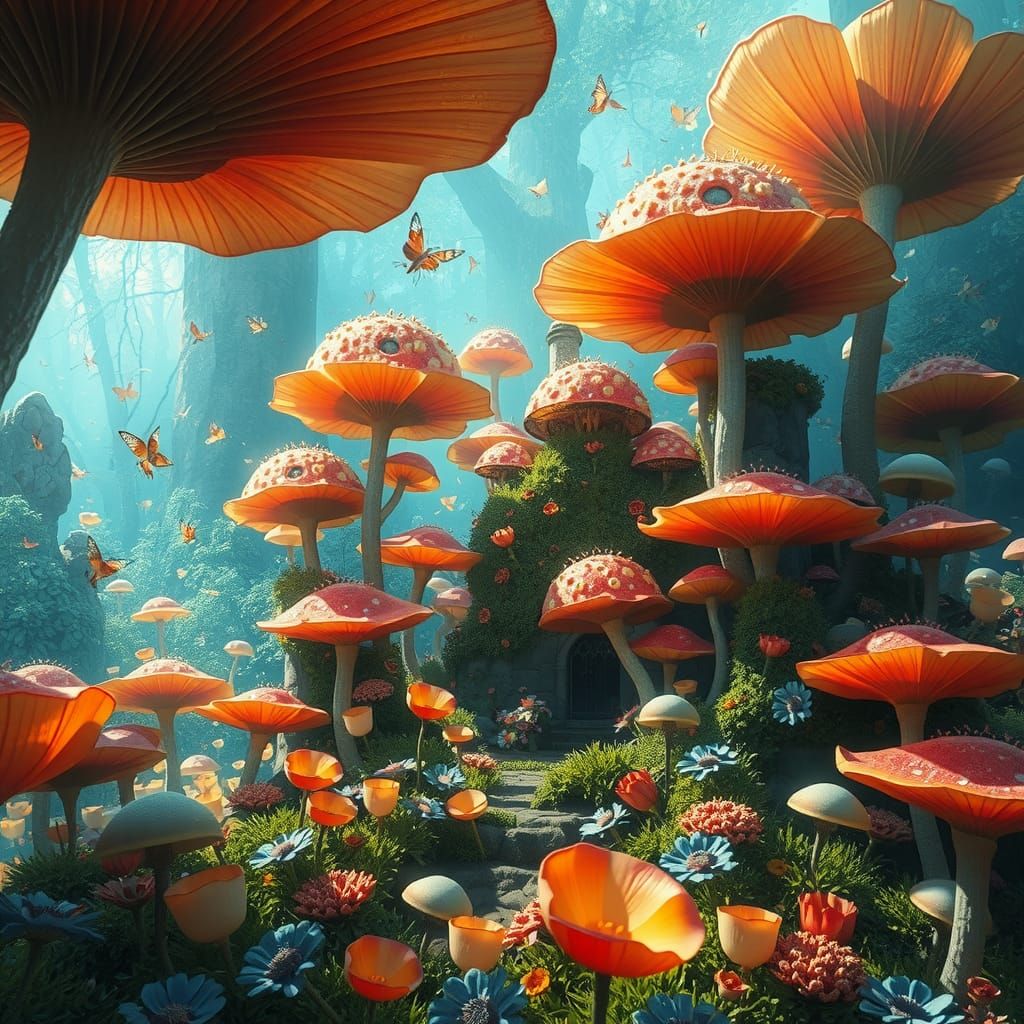 Detailed Fairy Kingdom with Iridescent Mushrooms