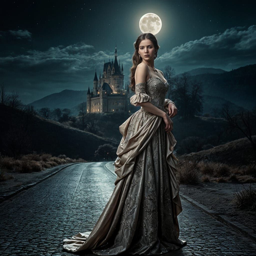Baroque Lady Under Moonlight in Volumetric Lighting